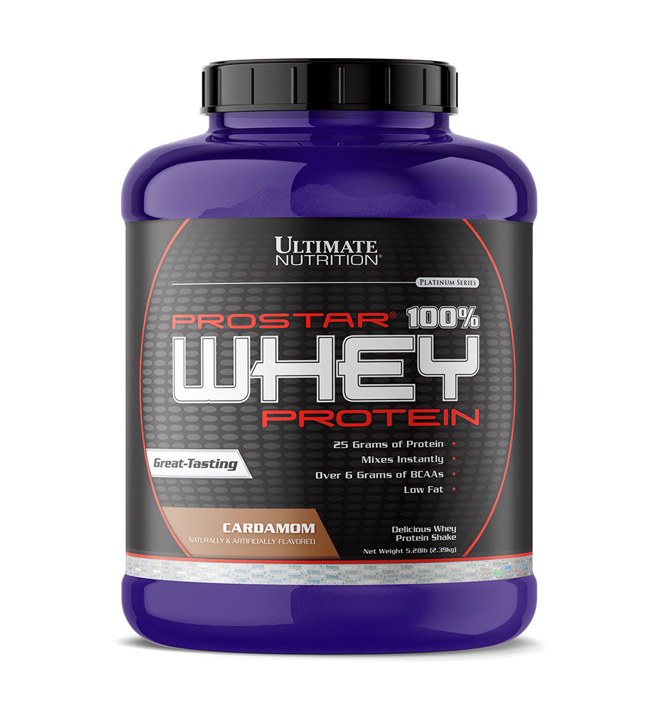 Purple container of Ultimate Nutrition Prostar 100% Whey Protein on a white background
