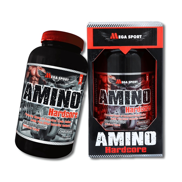 Amino Hardcore 325 Tablets from Mega Sport, promoting muscle growth and recovery in a chocolate flavor.