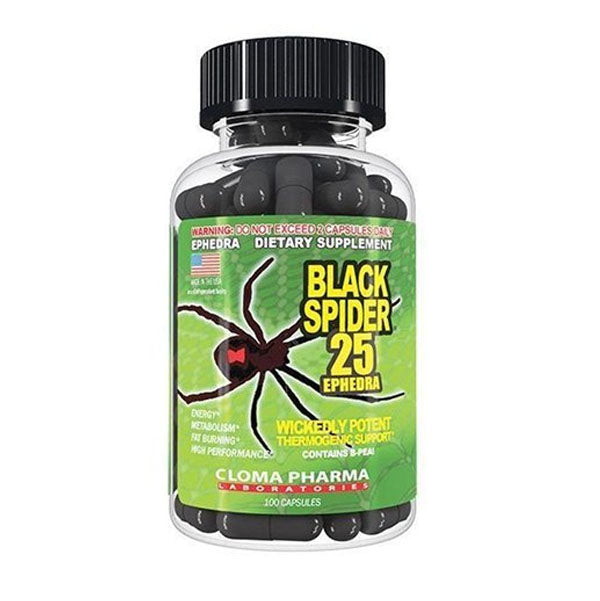 Cloma Pharma Black Spider 100 Tablets dietary supplement for fat-burning with Ephedra, caffeine, and thermogenic ingredients.
