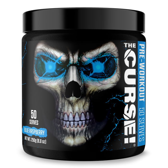 A black jar of JNX Sports The Curse Pre 50 Servings features a menacing blue skull on the label. This Blue Raspberry flavor pre-workout boosts pumps and focus, offering 50 servings per 250g (8.8 oz) container.
