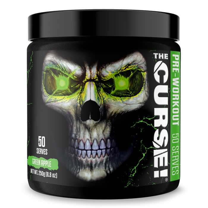 A black container of JNX Sports The Curse Pre 50 Servings pre-workout features a glowing green skull with intense eyes. The green apple flavor boosts mental focus, with bold white and green text on the label.