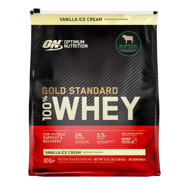 Gold Standard 100% Whey Protein Powder by Optimum Nutrition, Vanilla Ice Cream flavor, 5.64 lbs, 80 servings.