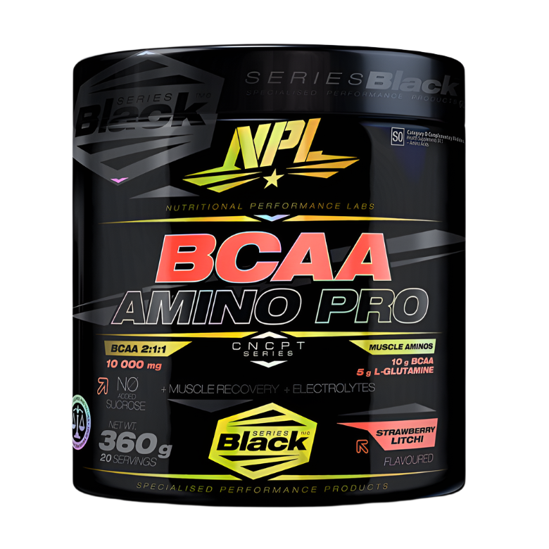 A black NPL BCAA Amino Pro container with bold red, white, and yellow text highlights a 2:1:1 BCAA ratio for muscle recovery—10,000 mg per serving, 360g total (20 servings), in strawberry litchi flavor.