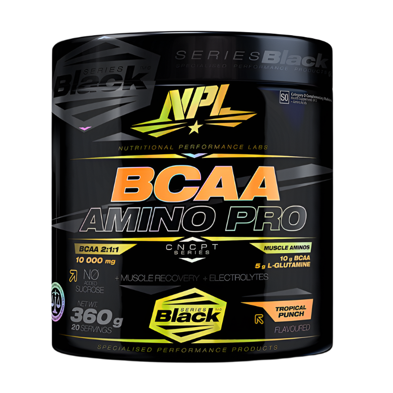 A black 360g container of NPL BCAA Amino Pro by NPL, labeled BCAA 2:1:1, Amino Pro, Tropical Punch, and 20 servings, features branched chain amino acids for muscle recovery with yellow, orange, and silver accents.