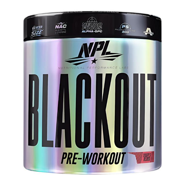 The NPL Blackout Pre-Workout container highlights Neuro Focus, sustained energy, NAC, Glycer Size for muscle pumps, and the Tiger’s Blood flavor on the bottom right.