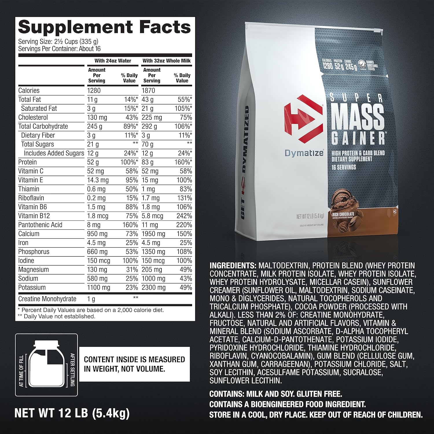 Supplement facts for Dymatize Super Mass Gainer 12lbs, highlighting nutritional content and ingredients.