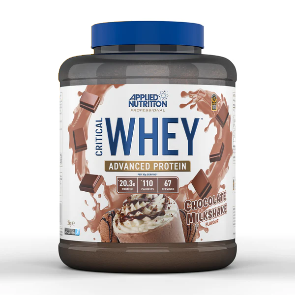 AN Critical Whey Protein Blend 2kg Chocolate Milkshake flavor with nutritional info and serving details.