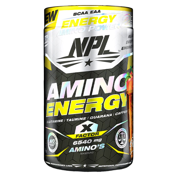 NPL Amino Energy X Factor 40 Servings by NPL features a bold black, yellow, and metallic design showcasing electrolytes, glutamine, taurine, guarana, caffeine, and 6540 mg essential amino acids on the container.