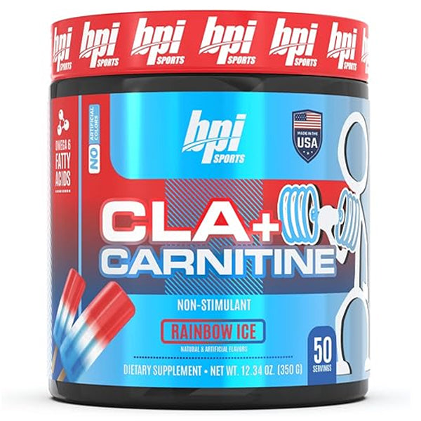 BPI Sport CLA+ Carnitine powder container for weight loss, featuring non-stimulant, sugar-free formula with 50 servings.