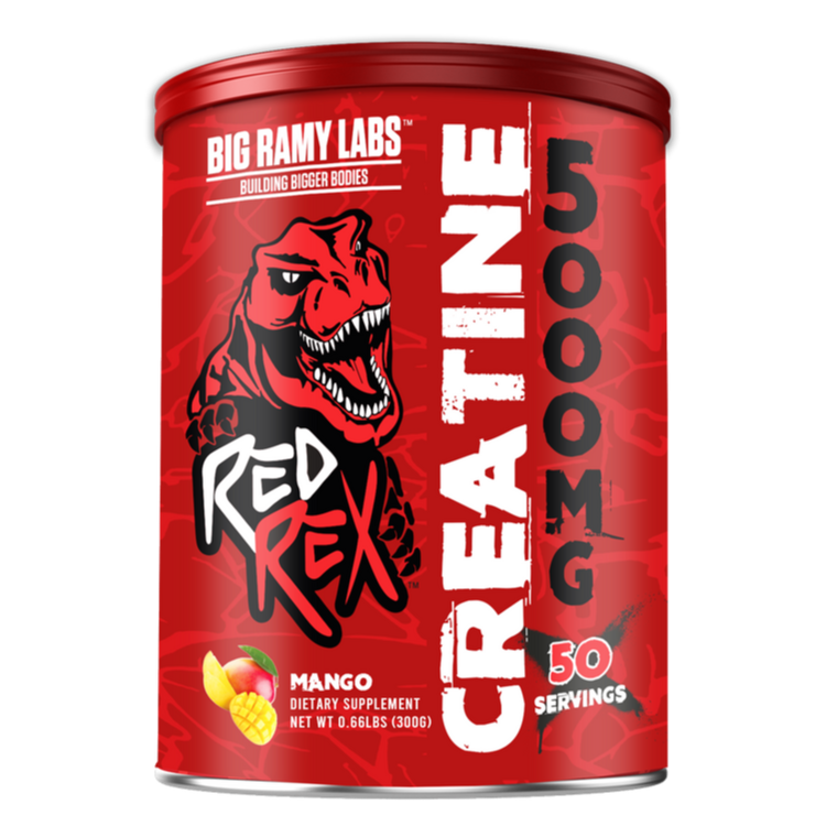 Red Rex Creatine boosts muscle growth, strength, energy, and performance. Available in Mango and Orange flavors for effective daily supplementation.