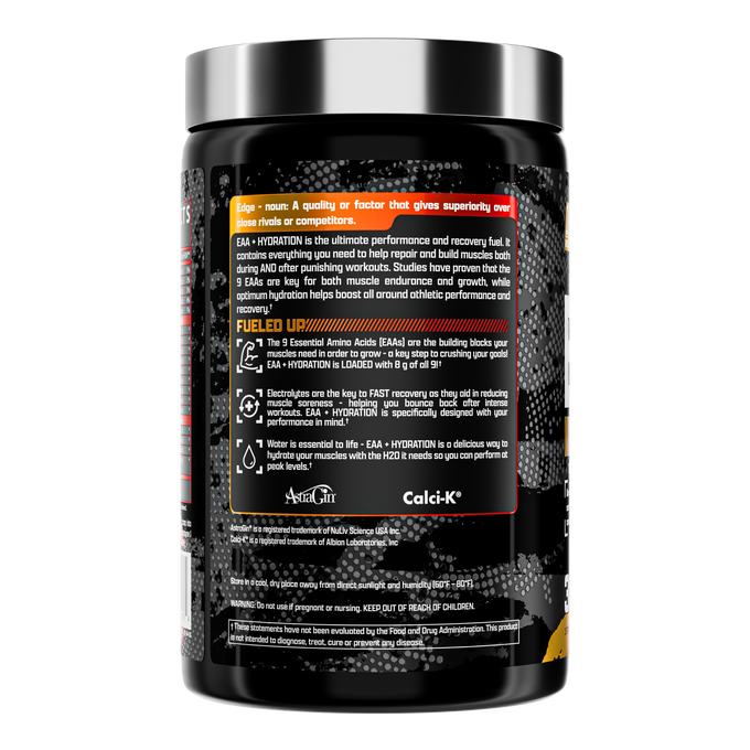 Nutrex EAA+ Hydration supplement container with essential amino acids for muscle recovery and hydration.