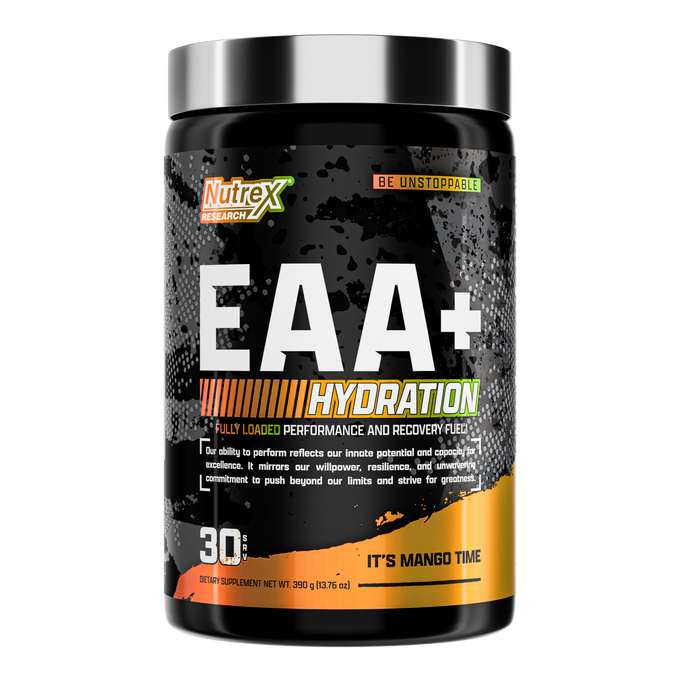 Nutrex EAA+ Hydration supplement container on a white background