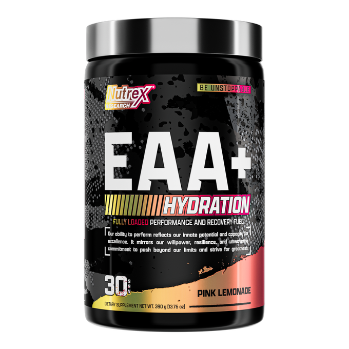 Nutrex EAA+ Hydration supplement container on a white background