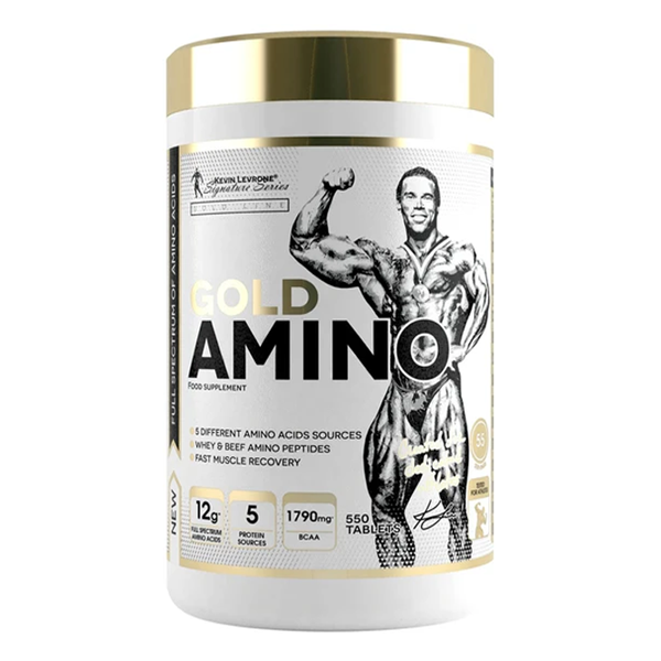 Gold Amino food supplement with 550 tablets, featuring 5 amino acid sources for muscle recovery and growth.