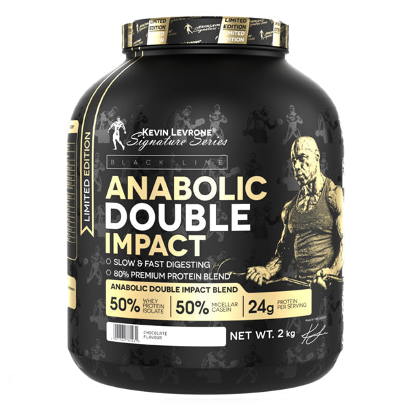 Anabolic Double Impact 2kg protein powder by Kevin Levrone, featuring whey isolate and micellar casein for athletes.