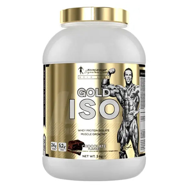  Gold ISO 2kg whey protein isolate by Kevin Levrone, designed for muscle growth and athletes, featuring a sleek gold container.