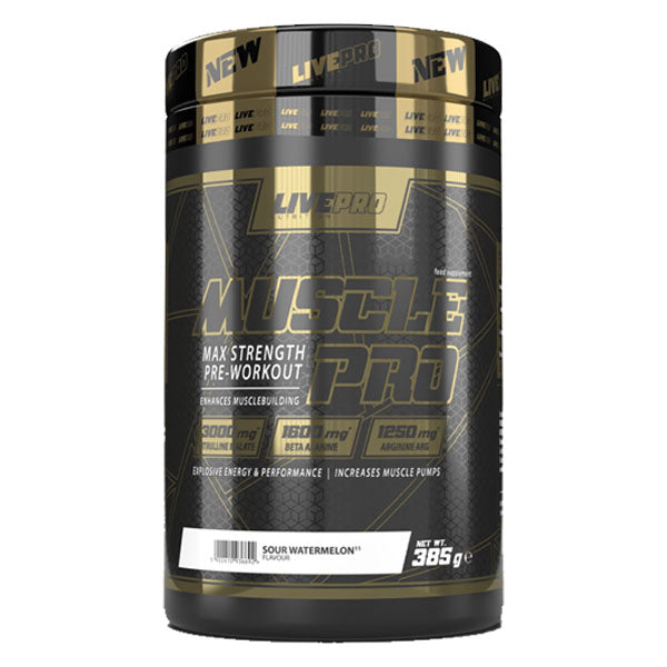 Muscle Pro pre-workout supplement by LivePro best enerygy booster and for fucus design for fitness and gym gurus.