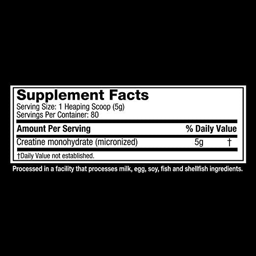 Black and white supplement facts label for MuscleTech Platinum 100% Creatine, 80 servings per container, each with 1 heaping scoop (5g). Designed to help increase strength and lean muscle. Processed in a facility with milk, egg, soy, fish, and shellfish.