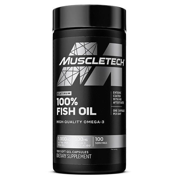 A black and silver bottle of MuscleTech Platinum 100% Fish Oil offers 1000mg fish oil and 300mg omega-3 per serving, with enteric coating and 100 servings—an ideal dietary supplement for those seeking quality fish oil in Pakistan.