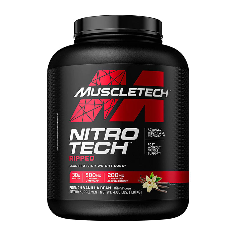 MuscleTech NitroTech Ripped 4lbs in French Vanilla Bean contains 30g protein, 500mg L-carnitine, and 200mg C. canephora robusta per serving—an ideal whey protein in Pakistan for weight loss.