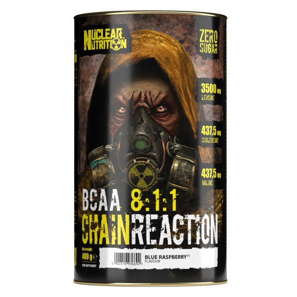 A 400g canister of Nuclear Nutrition Chain Reaction BCAA 8:1:1 features Zero Sugar, Blue Raspberry flavor, and workout recovery benefits, with a striking gas-masked figure and bold yellow and white text on the label.