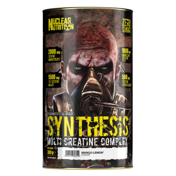 A 300g container of Nuclear Nutrition Synthesis Multi Flavored Creatine Complex features a masked character on the label, highlighting zero sugar, mango-lemon flavor, and key ingredients—ideal for supporting high-intensity exercise.
