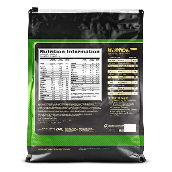supplement facts for picture of Serious mass gainer bag for weight gain and muscle growth, by optimum nutrition