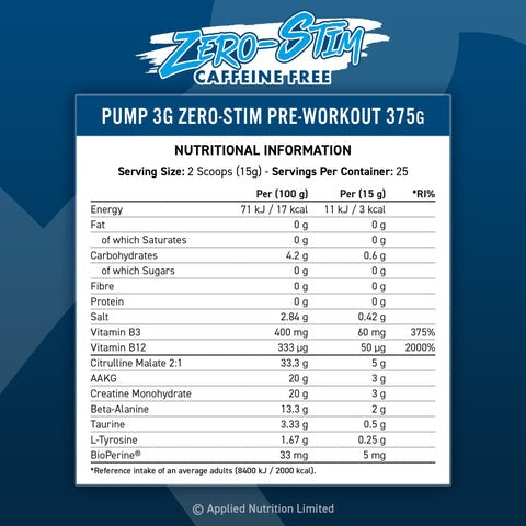 AN Pump 3G Caffeine-Free Pre-Workout in Icy Blue Raz flavor, 50 scoops, designed for enhanced focus and performance.