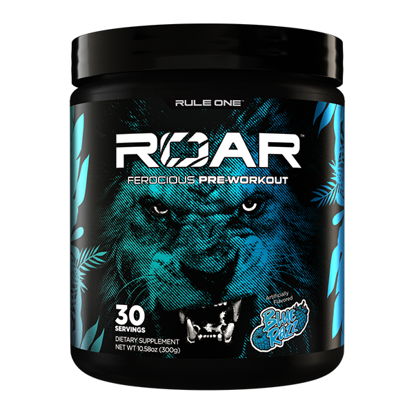 A black container of Rule One R1 Roar Ferocious Pre-Workout with a blue lion, tropical leaf accents, and blue raspberry flavor label. This training supplement provides 30 servings and weighs 10.58 oz (300g).
