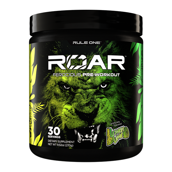 A black container of Rule One R1 Roar Ferocious Pre-Workout 30 Servings features a green lion face, lemon-lime flavor, and a net weight of 9.5 oz (270 g)—ideal for enhancing workout intensity.