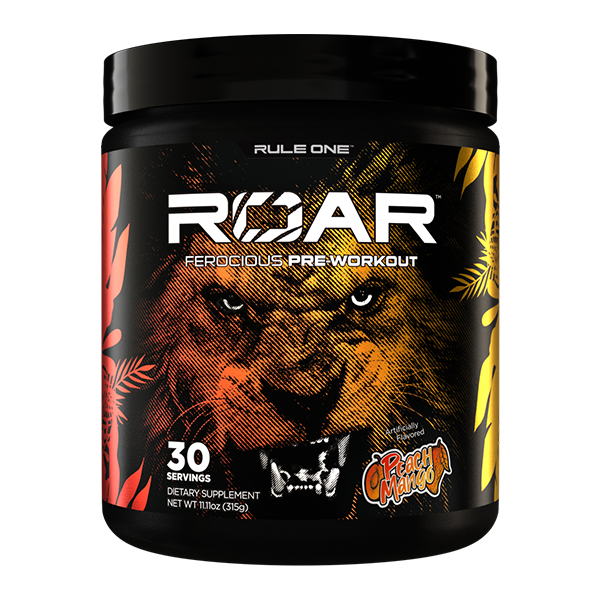 A black container of Rule One R1 Roar Ferocious Pre-Workout, peach mango flavor, shows a fierce lion face and orange-yellow leaves on the label. It contains 30 servings to support workout intensity.