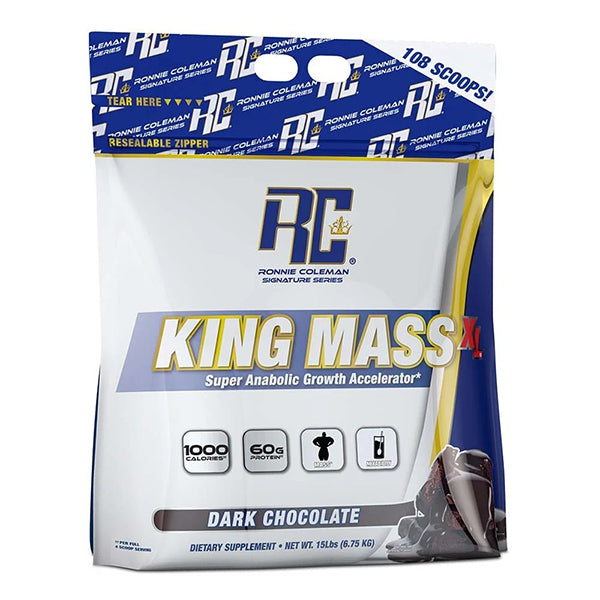 RC Signature Series King Mass XL Gainer 15lbs in blue and white packaging, dark chocolate flavor. The front shows 1000 calories and 60g protein per serving for muscle mass, with images of chocolate pieces and a shake.