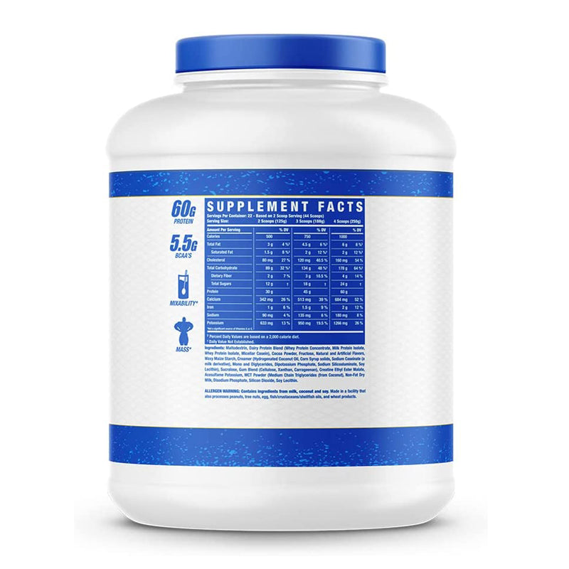 supplement facts for King Mass XXL 6 LBs by Ronnie Coleman supports muscle growth, weight gain, strength, and recovery with protein, carbs, fats, and creatine.