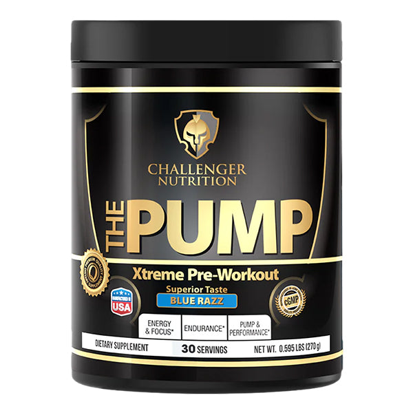 Challenger Nutrition The Pump Xtreme Pre-Workout in Blue Razz flavor, 30 servings, energy and endurance booster.