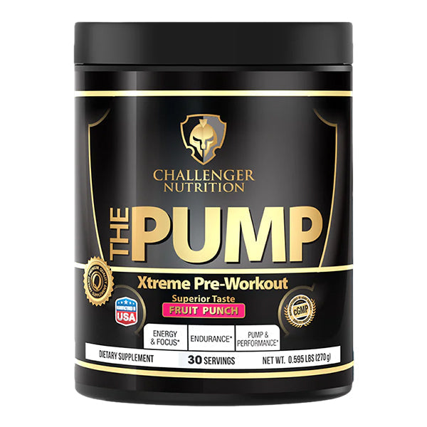 Challenger Nutrition The Pump Xtreme Pre-Workout in Blue Razz flavor, 30 servings, energy and endurance booster.