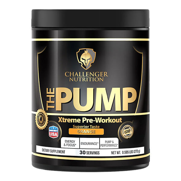 Challenger Nutrition The Pump Xtreme Pre-Workout in Blue Razz flavor, 30 servings, energy and endurance booster.