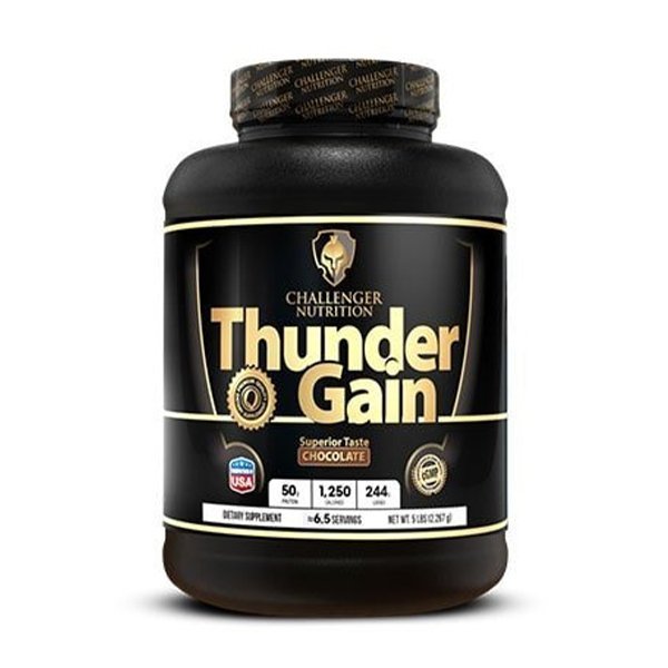 Thunder Gain 5lb weight gainer by Challenger Nutrition in chocolate flavor, designed for athletes and bodybuilders.