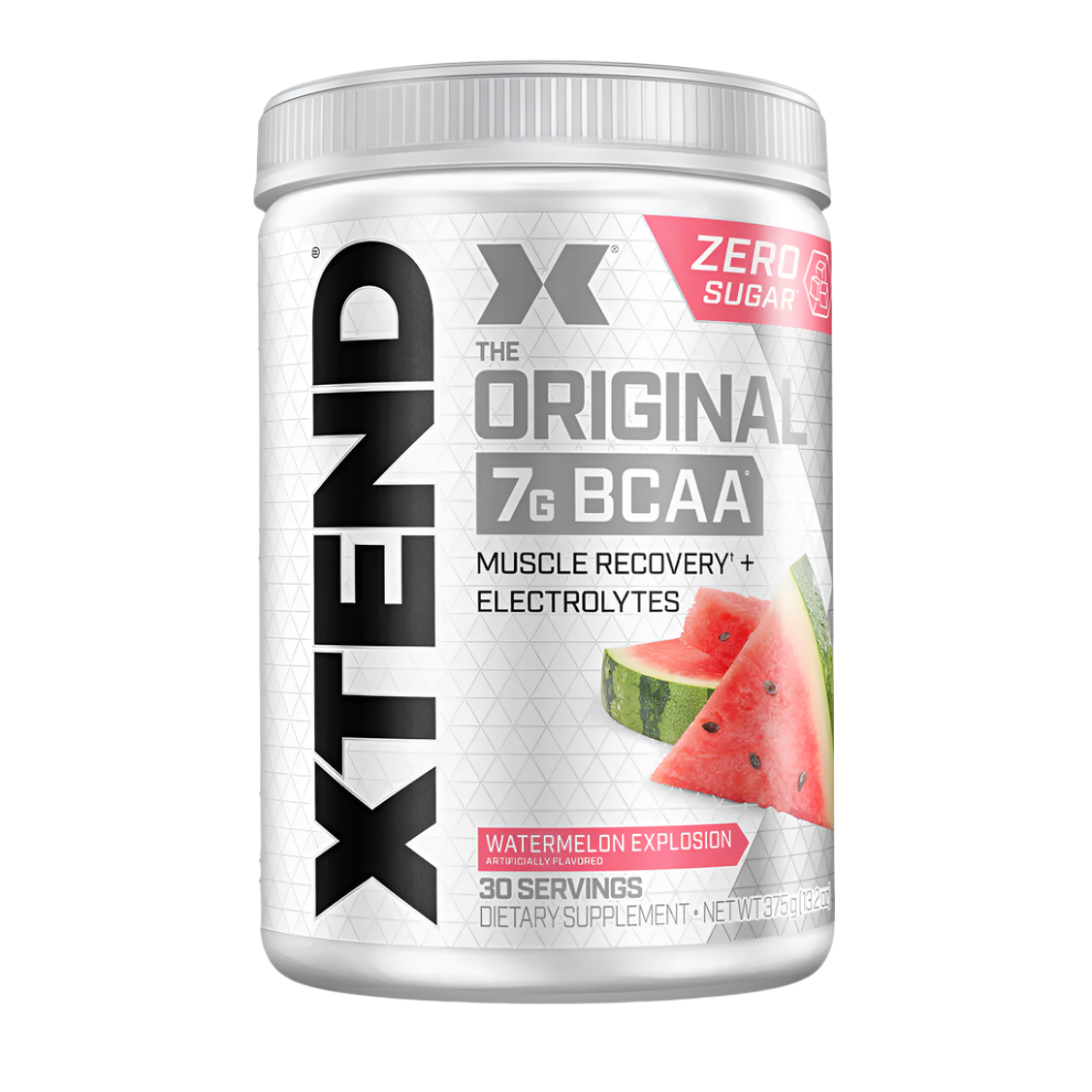 XTEND BCAA supplement container with watermelon flavor on a white background