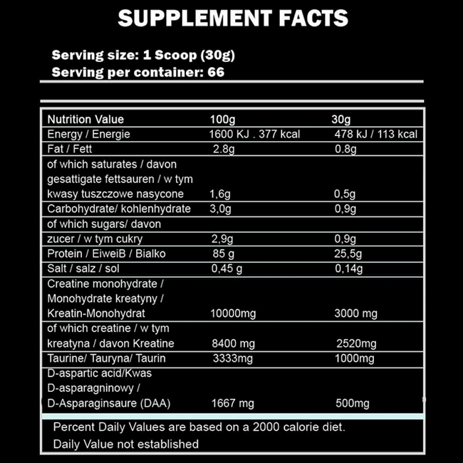 Supplement facts for Anabolic ISO Whey 2kg protein supplement by Kevin Levrone for muscle growth and recovery.