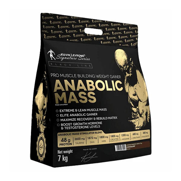 Kevin Levrone Anabolic Mass 7kg weight gainer bag for muscle building and weight gain with detailed nutritional info.