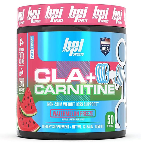 BPI Sport CLA+ Carnitine powder container for weight loss, featuring non-stimulant, sugar-free formula with 50 servings.
