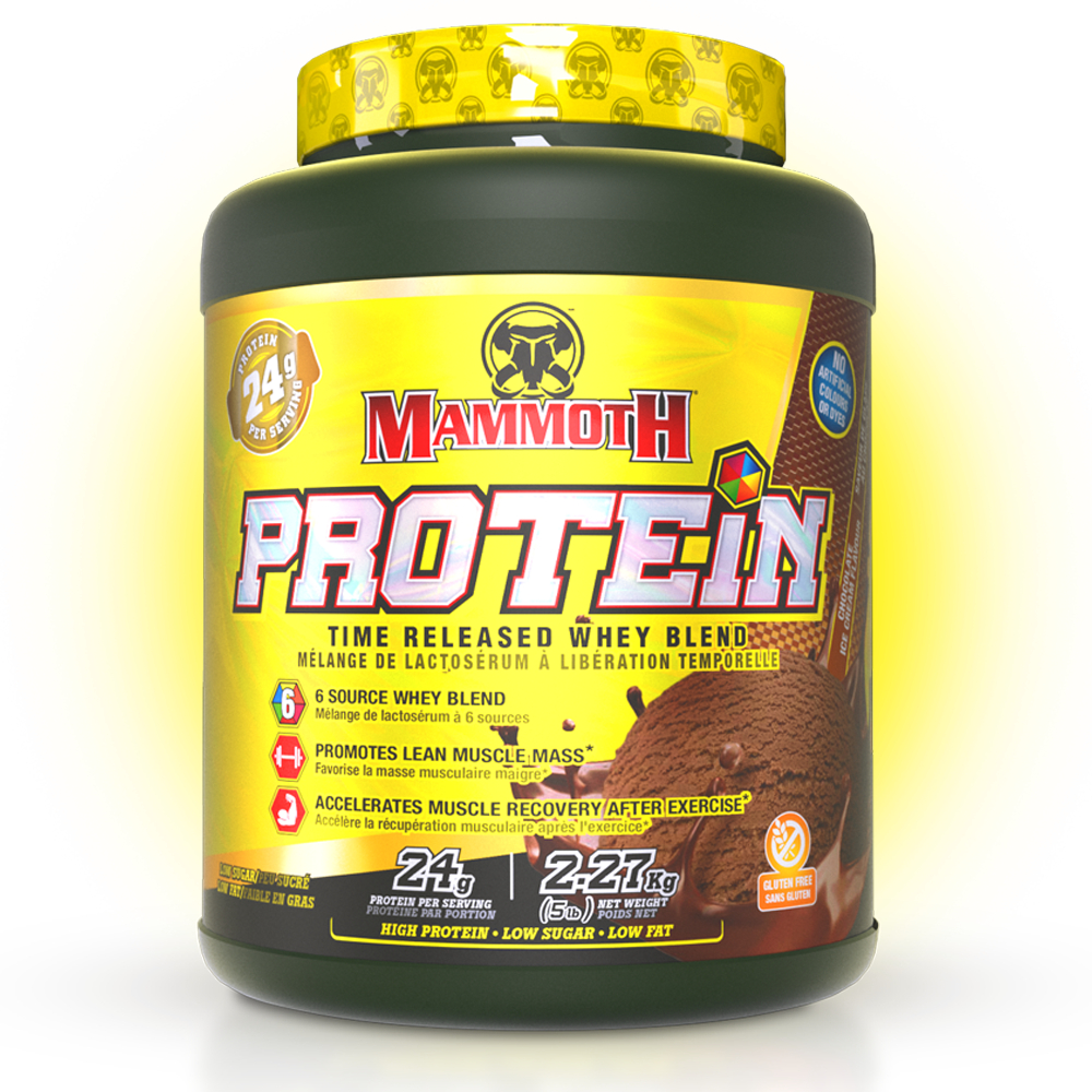 Mammoth Protein Blend supplement tub showcasing 24g protein per serving, featuring a 6-source whey blend for muscle recovery.
