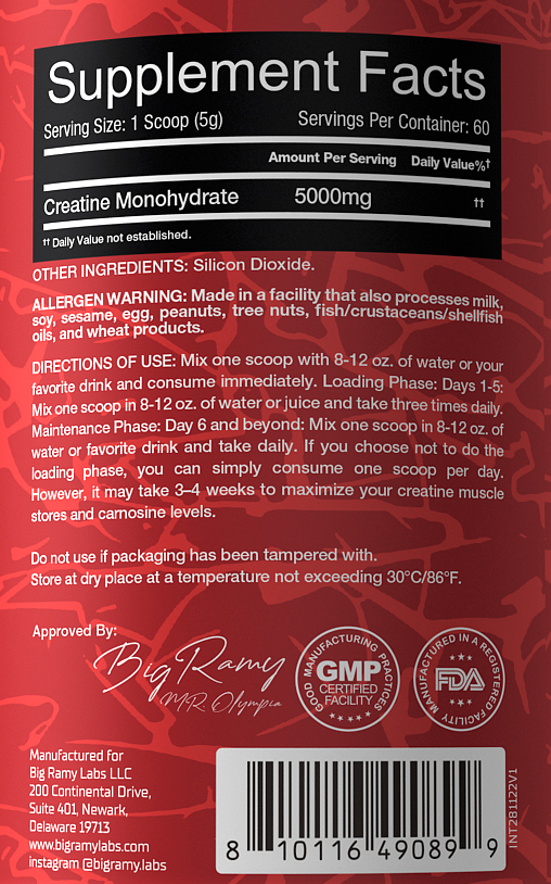 SUPPLEMENT FACTS FOR Red Rex Creatine Monohydrate Unlfavored 60 Servings