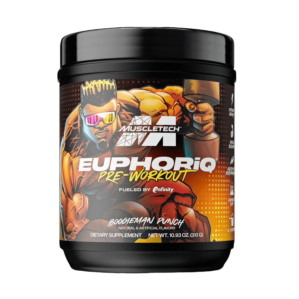 EuphoriQ Pre-workout by MuscleTech in Boogieman Punch flavor, 340g dietary supplement container.