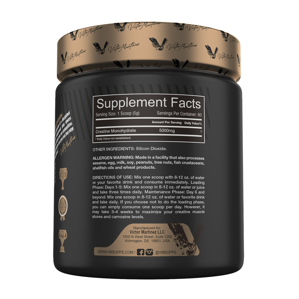 Supplement facts label for Victor Martinez Creatine Monohydrate 5000MG, detailing ingredients and usage instructions.