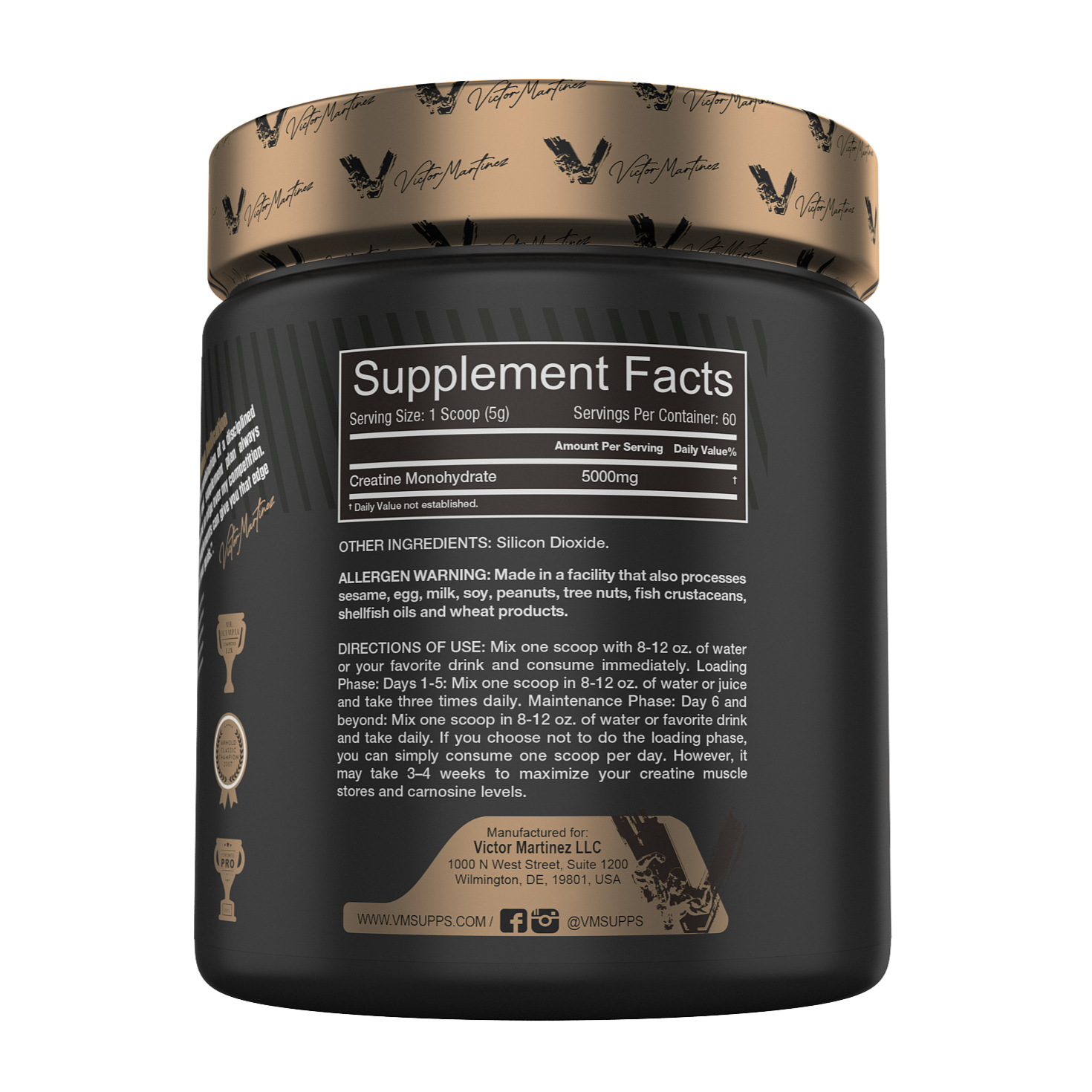 Supplement facts label for Victor Martinez Creatine Monohydrate 5000MG, detailing ingredients and usage instructions.