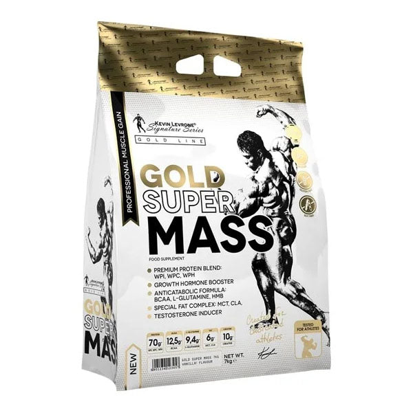 Gold Super Mass 7kg bag by Kevin Levrone for muscle gain, featuring detailed nutrient information and a muscular design.