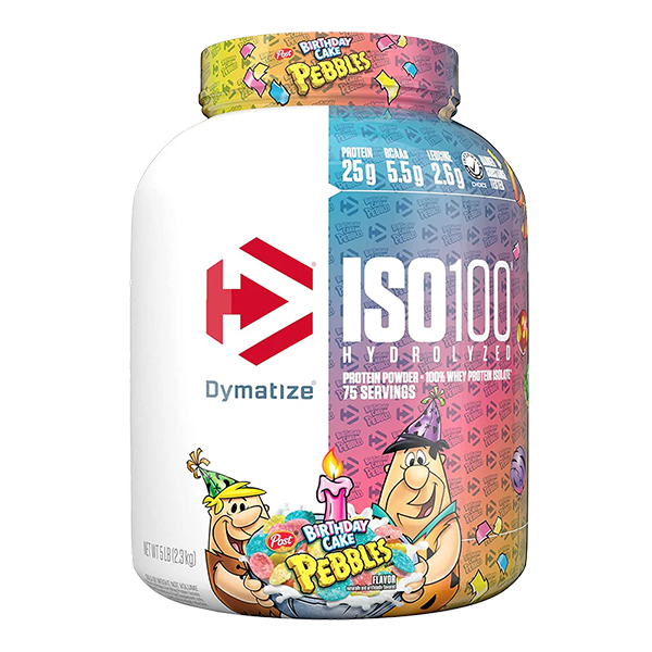 Dymatize ISO100 5lbs hydrolyzed whey protein isolate with Fruity Pebbles flavor, 25g protein per serving.