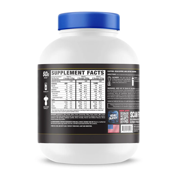 RC King Mass XXL 6lbs supplement facts label highlighting protein, carbs, and nutrients for weight gain.