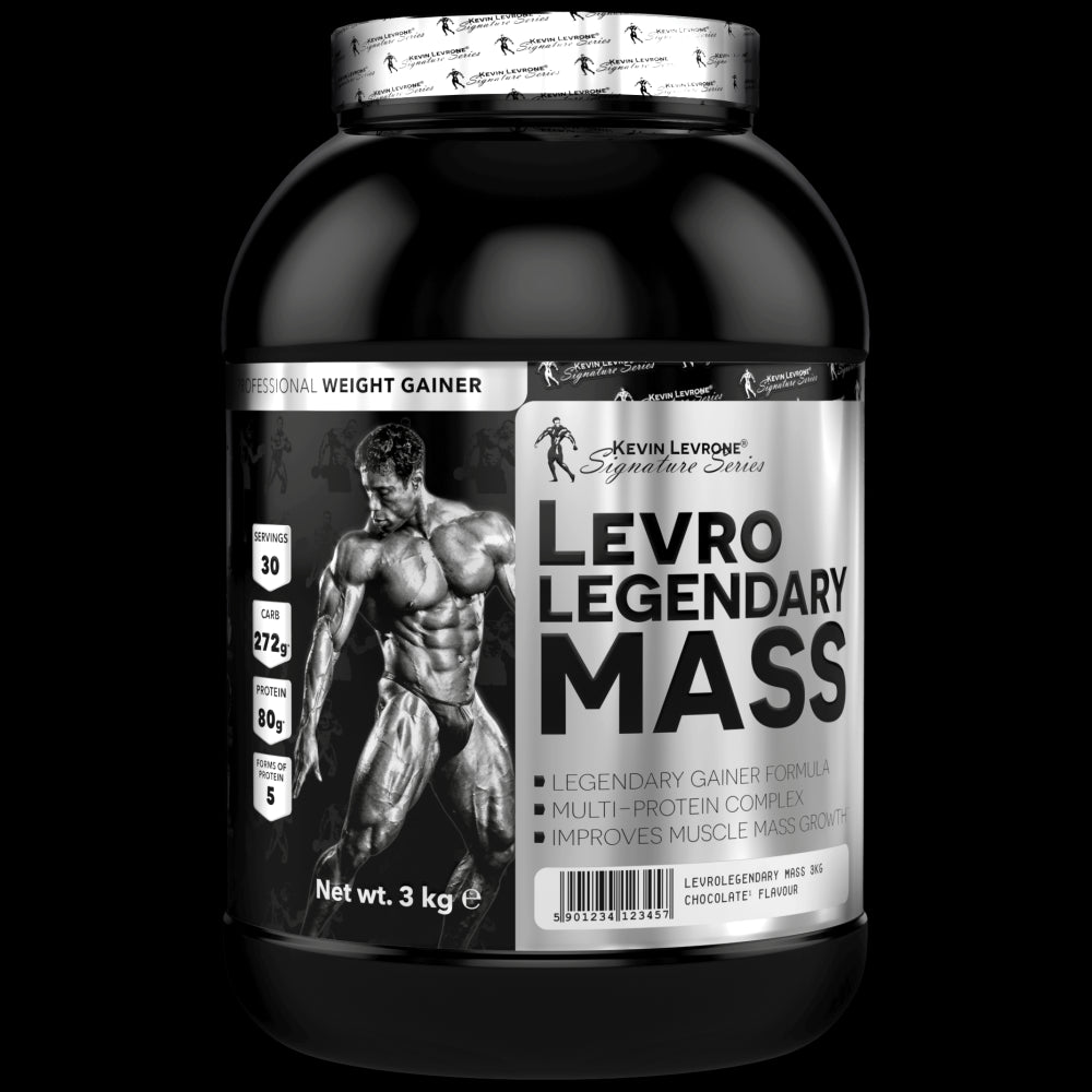 Levro Legendary Mass 3kg by Kevin Levrone, a professional weight gainer in chocolate flavor for muscle mass improvement.
